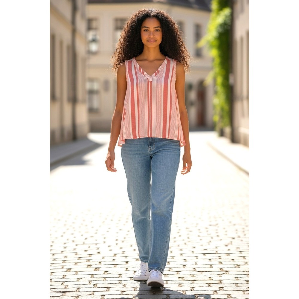 (A-35) Sonoma Sleeveless Blouse Womens S Red White Striped Linen‎ Blend Casual